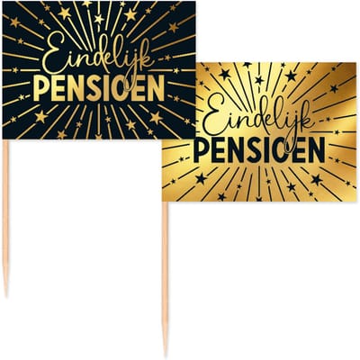 50 Vlagprikkers goud / zwart ' Eindelijk Pensioen ' - Golden Celebrations - Hapjes Cocktailprikkers Tapas Prikkers Feestje