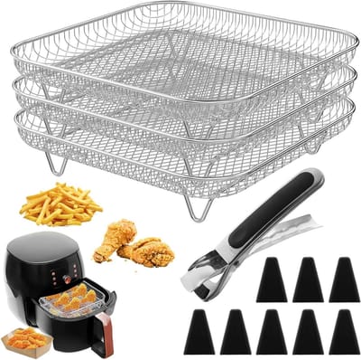 Stapelsysteem voor Airfryer met 3 Vierkante Racks, 8 Siliconen Voetjes en 1 Tang - Ideaal voor Gezond Koken en Bakken in de Airfryer, 20 cm RVS Accessoires