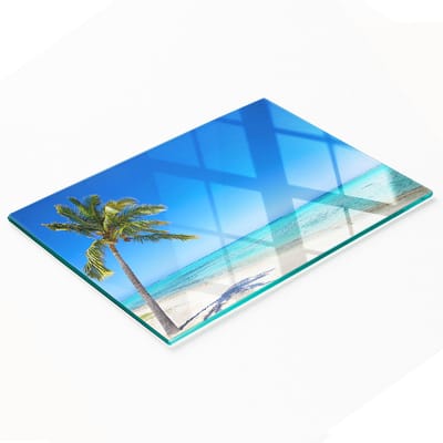 Decoratieve glazen snij- en serveerplank met tropisch strandmotief, 80x52 cm
