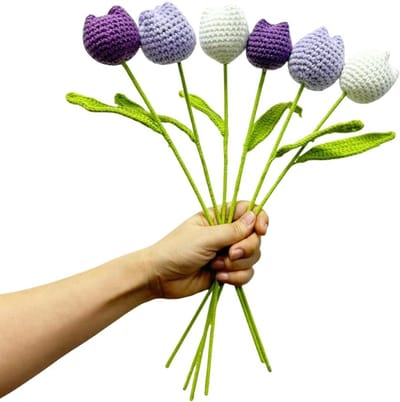 Gehaakte Tulpen Boeket - Handgemaakte Bloemen - Decoratie Huis - Katoen Garen - 38 cm Hoog - Mix Kleur