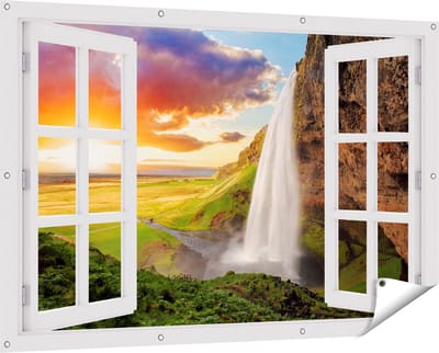 Gards Tuinposter Doorkijk Waterval in IJsland met Zonsondergang - 150x100 cm - Tuindoek - Tuindecoratie - Wanddecoratie buiten - Tuinschilderij