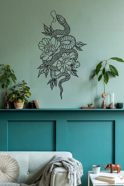 Metalen Wanddecoratie Slang – 3D Wandkunst – Zwart – 80 x 45 cm