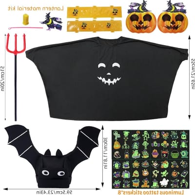 Halloween Kostuum voor Kinderen, Spookkostuum met Bat Hoed, Luminous Pompoenverlichting en Stickers voor Feestjes