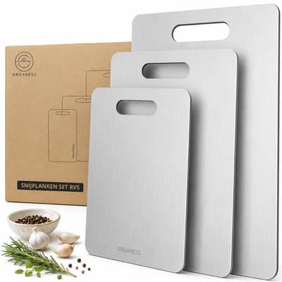 Organess 3-Delige RVS Snijplankenset (34x23 / 29x20 / 25x15cm) - Voor Keuken, Snijplanken, Kaasplank, Borrelplank en Tapasplank - Snijplanken RVS