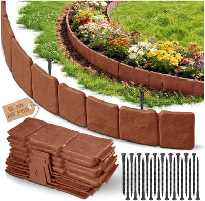 Namajunas - Borderranden - Gazonrand - Tuinrand - Tuinafsluiting - Kantopsluiting - Flexibele Tuinafscheiding - Bloembedrand - Steenlook - 5 m (Hoogte: 10 cm) - 20 stuks - met 20 Grondpennen - Bruin