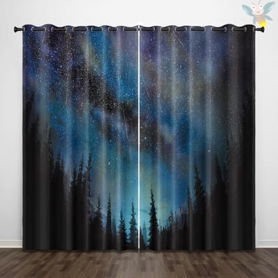 2 stuks Gordijnen met Sterrenhemel Aurora Bos Patroonprint, Decoratie Natuurlandschap Slaapkamer Woonkamer 140x160cm&Grommet Top blue