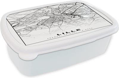 Broodtrommel Wit - Lunchbox - Brooddoos - Plattegrond - Lille - Kaart - Frankrijk - Stadskaart - Zwart wit - 18x12x6 cm - Volwassenen