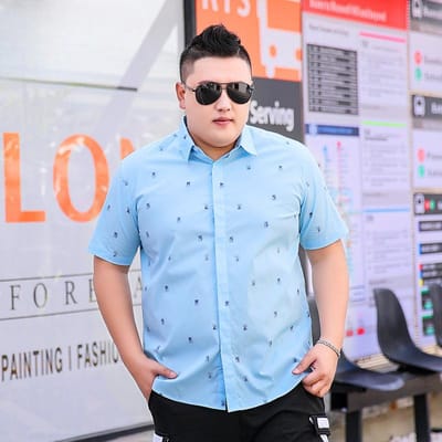 Heren Vet Plus Size Kortemouw Overhemd Revers Zomer Dikke Man met Kraag Bedrukt Overhemd 8XL 4XL blauw