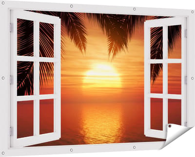 Gards Tuinposter Doorkijk Zonsondergang op het Strand met Palmbomen - 150x100 cm - Tuindoek - Tuindecoratie - Wanddecoratie buiten - Tuinschilderij