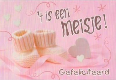 ´T is een meisje! Van harte gefeliciteerd! Een lieve wenskaart met mooie hartjes, babysokjes en andere versieringen.  Een zeer geschikte kaart om zo te geven of om bij een cadeau te voegen. Een dubbele wenskaart inclusief envelop en in folie verpakt.