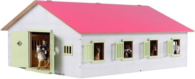 Houten paardenstal 1:24 met 7 boxen roze Voertuigen
