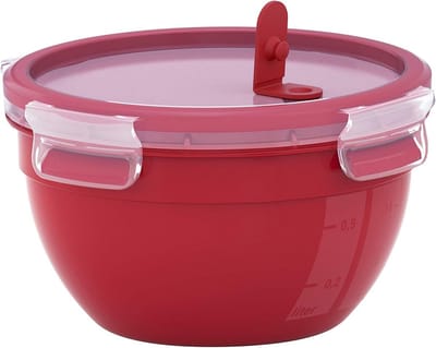 Emsa Magnetronbak Clip & Micro N10606 | magnetronventiel | 2,6 l | rond | lunchbox | geïntegreerde maatverdeling | Made in Germany | rood/transparant