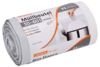 DEISS FOR YOU vuilniszakken 50–60 liter met grijze trekband van HDPE – 10 rollen à 30 stuks.
