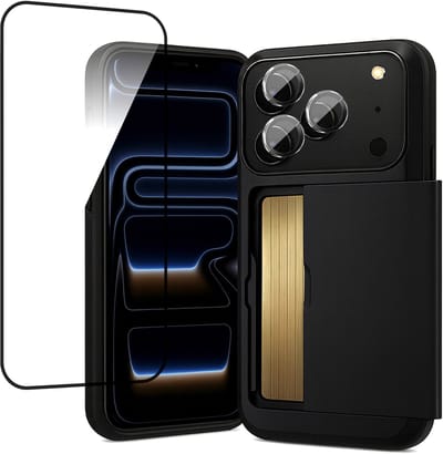 Hoesje met Pasjeshouder geschikt voor iPhone 17 Pro - Screenprotector FullGuard & Camera Lens Screen Protector Zwart - Back Cover SlideCase Zwart