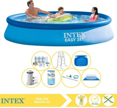 Intex Rond Opblaasbaar Easy Set Zwembad - 366 x 76 cm - Blauw - Inclusief Pomp - Onderhoudspakket - Filter - Grondzeil - Schoonmaakset - Ladder - Voetenbad - 8-delig
