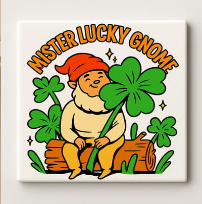 Mister Lucky Gnome Tegel – Schattige Kabouter met Klavertjevier Design – 15x15 cm Keramische Wanddecoratie – Leuk Cadeau voor Geluk, Tuin & St. Patrick’s Day