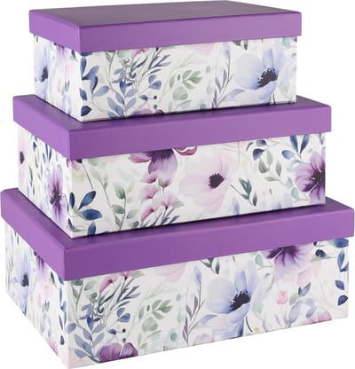Dekoratief | Set 3 dozen rechthoek, 'Purple Flowers', karton, 26x18x10cm | A250780