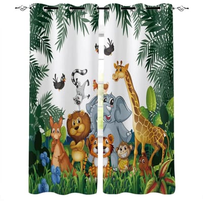 Slaapkamer Keukengordijn Cartoon Dierentuin Dieren Collectie Jungle Kind Raamgordijnen Gordijnen voor Woonkamer Decoratieve Artikelen 2x50Wx50H(CM)&Grommet Top black