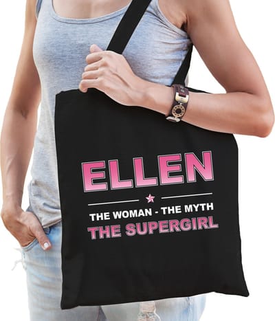 Naam cadeau Tasje voor Ellen - The woman, The myth the supergirl - katoenen - zwart - verjaardag - moederdag - collega - vriendin