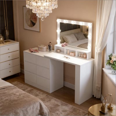 HAUSS SPOLE Kaptafel Met Ladekast - 2 In 1 Met Led Spiegel En 6 Lades - L Vormig Of Recht - Wit - 160x40x134,5 Cm