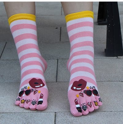 Dames Teensokken - teen sokken - toe socks - roze - wit - gestreept - leuke print cute - hart - 36 -40 - cadeau - sport - yoga - fitness - pilates - runner teen sokken - teenslipper sokken