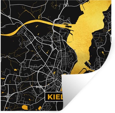 Muurstickers - Sticker Folie - Kiel - Plattegrond - Stadskaart - Kaart - Goud - Duitsland - 100x100 cm - Plakfolie - Muurstickers Kinderkamer - Zelfklevend Behang XXL - Zelfklevend behangpapier - Stickerfolie