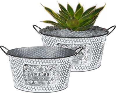Sunnydays Teil/plantenpot/bloempot - 2x - zink - zilver - D25.5 x H12 cm