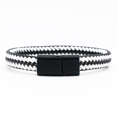 Marama - Herenarmband Mats Zwart Wit - Sluiting Metaal Zwart - The Nordic Collection - RVS - vegan gevlochten leer - schuifsluiting - robuuste armband mannen - luxe geschenkverpakking