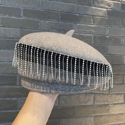 Chapeau Femme Pendentif Strass Béret Rétro Britannique Automne et Hiver Style Coréen Tendance Sauvage Chapeau Octogonal kaki