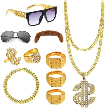 80s 90s Hiphop Kostuum met 10 Accessoires voor Carnaval en Feest, inclusief Gouden Ketting, Zonnebril en Ringen