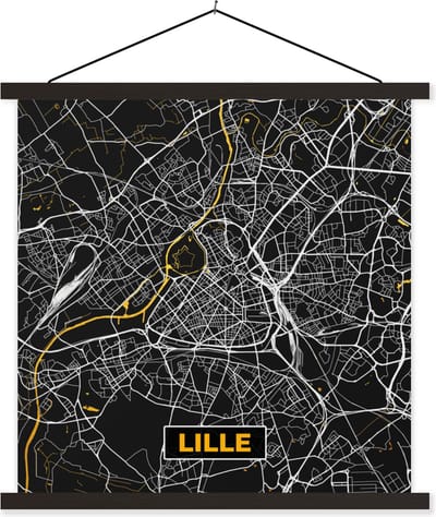 Posterhanger incl. Poster 60x60 cm - Schoolplaat - Frankrijk – Plattegrond – Kaart – Lille – Stadskaart - Textielposter - Zwarte latten - Stadskaart