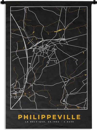 Wandkleed - Wanddoek - Philippeville - Stadskaart - Plattegrond - Goud - Kaart - 120x180 cm - Wandtapijt