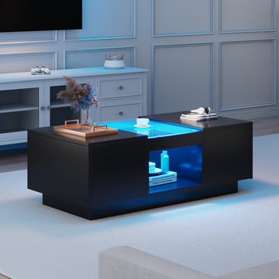 MODENUIT Salontafel - Met LED-Verlichting En 2 Laden - Voor Woonkamer - Spaanplaat - 100x50x35,5 Cm - Zwart