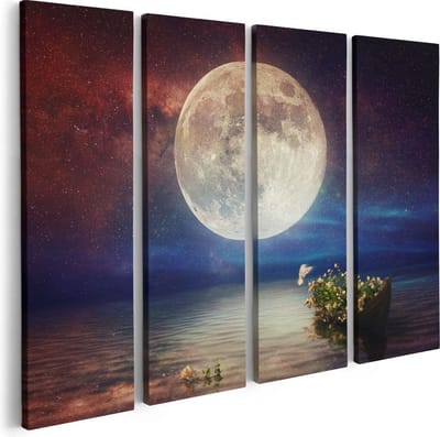 Artaza Canvas Schilderij Vierluik Volle Maan in de Hemel boven het Water - 80x60 - Foto Op Canvas - Canvas Print