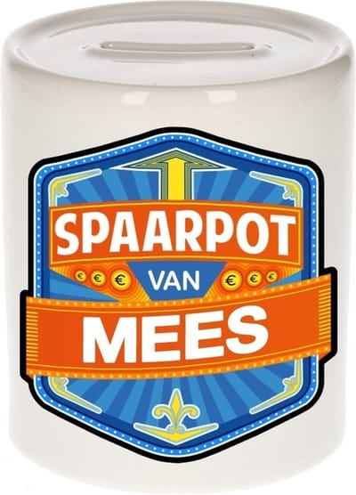Bellatio Decorations Kinder spaarpot met naam - Mees - keramiek - met dop - wit - Sparen - Spaargeld van Mees
