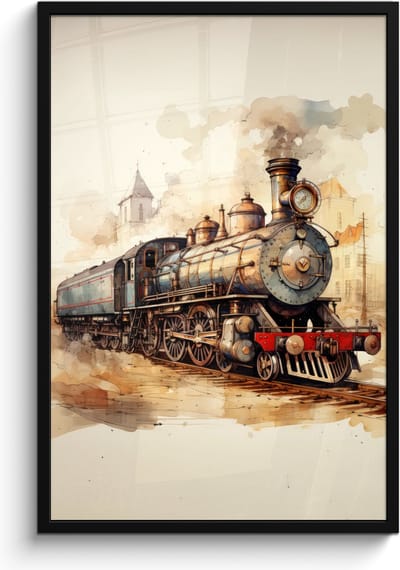 Poster in lijst - Fotolijst 60x90 cm - Posters - Vintage - Trein - Spoor - Gebouw - Beige - Posterlijst zwart - Decoratie - Wanddecoratie woonkamer - Muurdecoratie slaapkamer