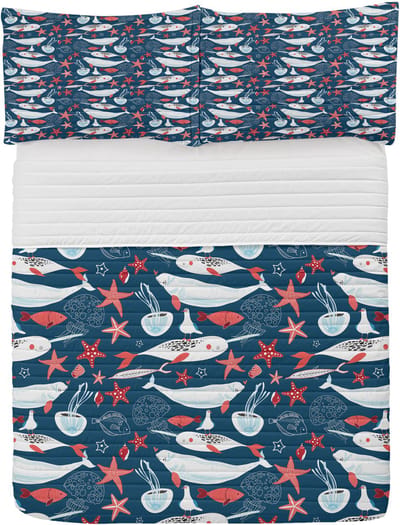 ABAKUHAUS Narwhal Microfiber Bedspreiset, Zacht beddengoed Set met kussenslopen en quilt, 264 cm x 220 cm, Koninklijk Blauw Babyblauw