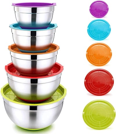 5-delige RVS Mengkom Set met Luchtdichte Deksel en Antislip Siliconen Basis, Stapelbaar en Veelzijdig, Vaatwasserbestendig, Capaciteit 6.6L tot 1L, Ideaal voor Koken en Bakken