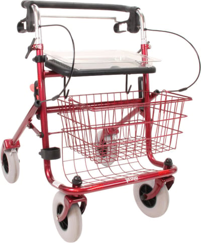 Rollator 43 cm zitbreedte - Premis Provo - Tot 120 kg - In hoogte verstelbaar - Duwstang met beugel-loop-rem onder - Incl mand, stokhouder en dienblad - Metallic Rood