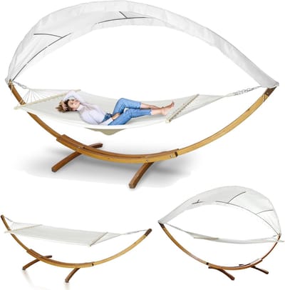 Hangmat met frame - Dubbele hangmat - Ontspannen buiten - Afneembaar zonnezeil - 200 x 150 cm - Natuurlijk hout