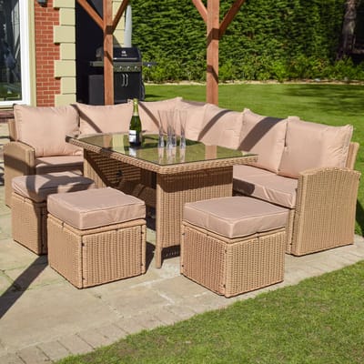 BPS De Perranporth Luxe Rattan Loungeset - Taupe - Inclusief kussens - Tuin Loungeset met tafel - L-vormige bank