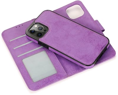 geschikt voor iPhone 14 Pro Max 2-in-1 Hoesje met Magnetische Backcover - Telefoonhoesje met vakjes voor pasjes - Inclusief polsbandje - Mobiq Magnetische 2-in-1 Wallet Case geschikt voor iPhone 14 Pro Max paars