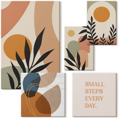 Wallfluent Set van canvas schilderijen - Stijlvolle graphics met plantenmotieven en abstracte vormen Canvas Schilderijen Set - Set van 5 Canvas Schilderijen - Oranje Set van Canvas Prints - Abstractie Canvas Kunst Set - Boheemse Canvas Kunst Set