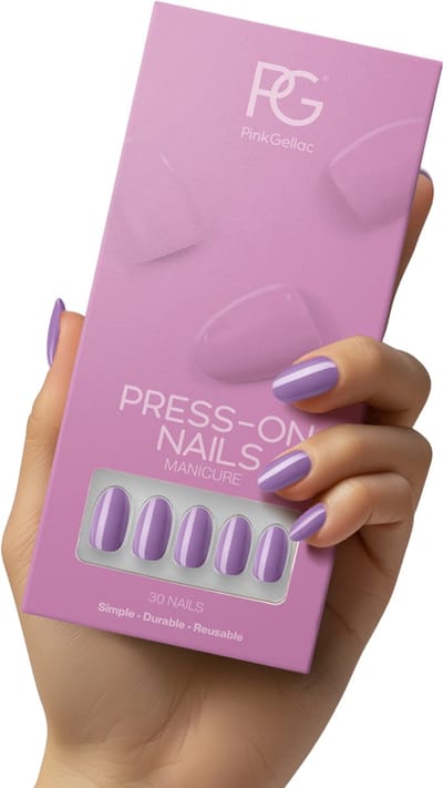 Pink Gellac Press On Nails - 324 Lotus Lila - Round Medium Plaknagels - 30 Press On Nagels Met Lijm, 30 Plakstickers, Cleaner Wipe, Nagelvijl, Woodstick en Size Matcher - Snel Aan Te Brengen Plak Nagels - Voor 7-14 Dagen Mooie Nagels