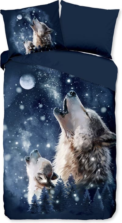 Pure dekbedovertrek wolf bij maanlicht - 1 persoons 140x200/220 cm - Blauw - Microvezel