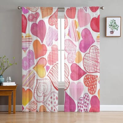 aquarel handgetekende hart pure gordijnen voor woonkamer moderne mode volantgordijnen voor keuken tule gordijnen 135W x 114H(cm) pink