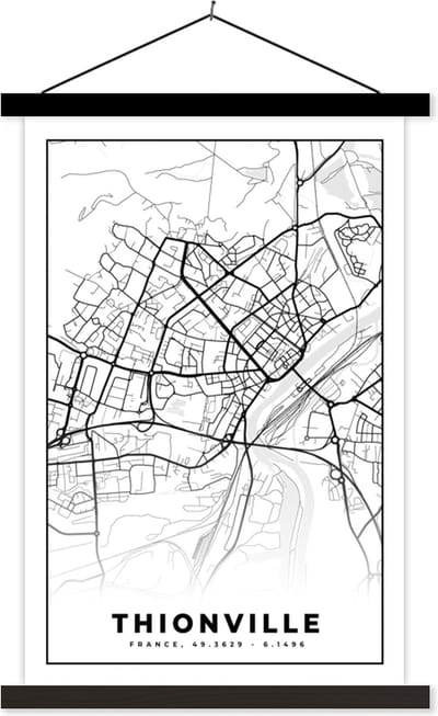 Posterhanger incl. Poster 40x60 cm - Schoolplaat - Frankrijk - Thionville - Plattegrond - Stadskaart - Kaart - Zwart wit - Textielposter - Zwarte latten - Stadskaart