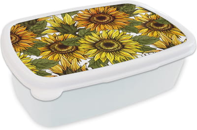 Broodtrommel Wit - Lunchbox - Brooddoos - Zonnebloem - Vintage - Design - 18x12x6 cm - Volwassenen