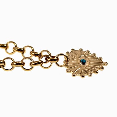 Stijlvolle Ketting Dames - Verguld Stalen - Ronde Schakels - Witte Parels en Boze Oog Hart Hanger