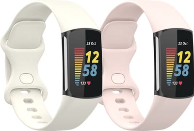Stravo 2-Pack Sport bandjes Compatible with Fitbit Charge 5 & Fitbit Charge 6 - Starlight/Roze - S/M - Classic Soft Silicone Replacement Wristbandjes, voor polsen van 140-200 mm